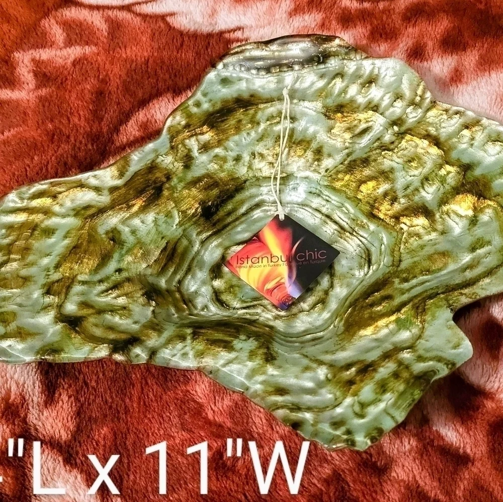 $10 CUT - 14" x 11" Turkish Glass, Clam Shell Hand Painted W/ Gold & Wood Bark - Picture 9 of 12